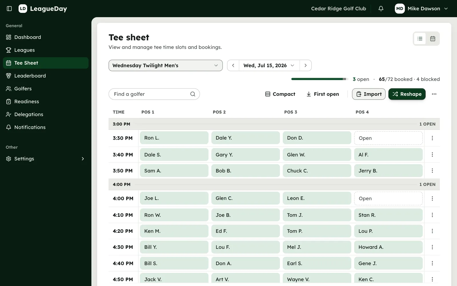 Staff tee sheet for Wednesday Twilight Men's, 65 of 72 slots booked