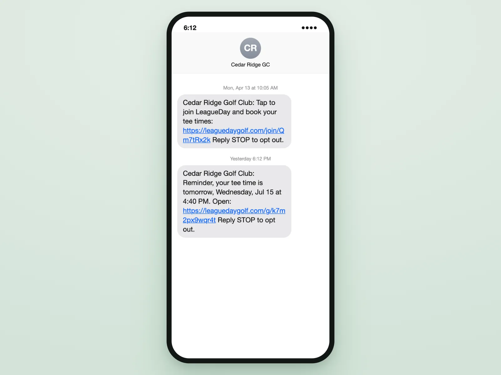 Text messages from the course with an invite link and a tee time reminder